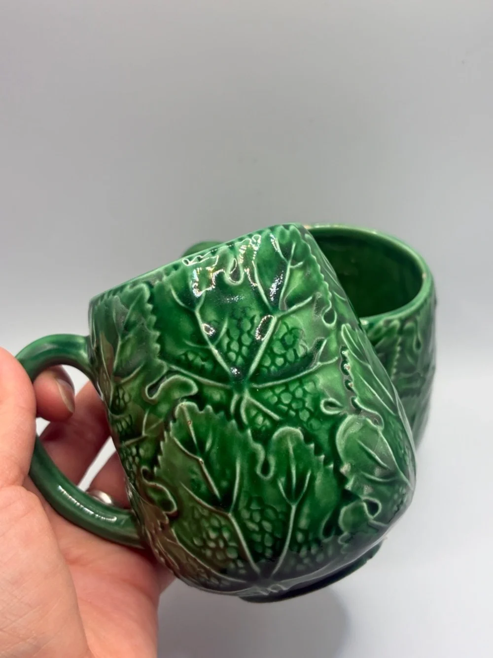 Pair Vintage Greenware Ceramic Majolica Leaf Mugs Cups Drinkware Cottagecore